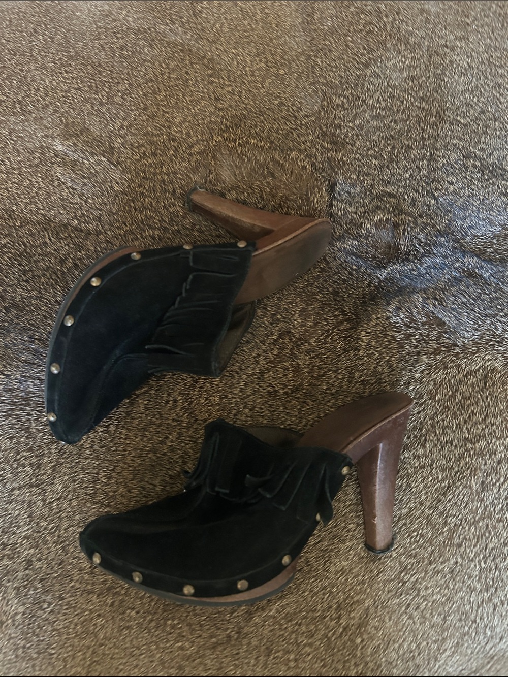 Black Suede Fringe Stud Mule Heels - Women Shoes